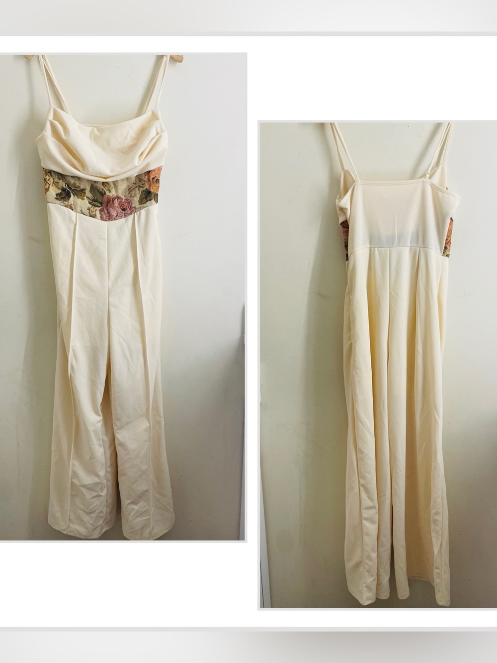 Floral Tapestry Waist Wide Leg Cream Jumpsuit Draped Neck Size M